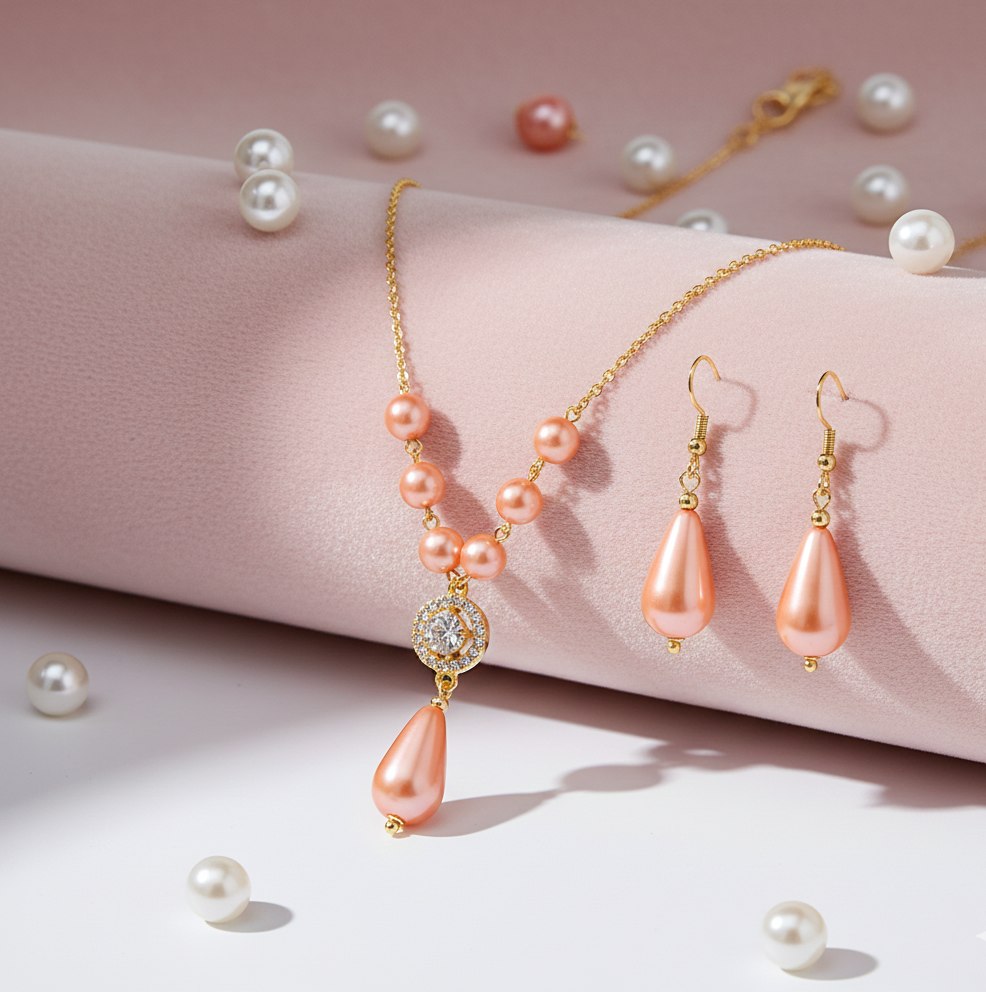 Elegant Pearl Jewellery Set with Crystal Pendant, Gold-Toned Chain Necklace and Drop Earrings, Peach Pink