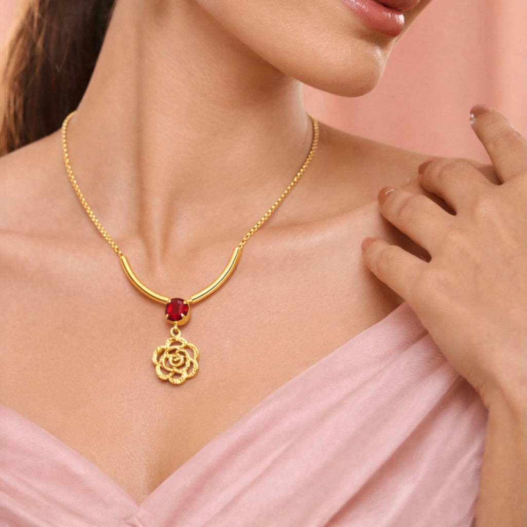 Elegant Gold-Plated Rose Pendant Necklace & Earrings Set with Red Crystal Stones