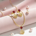 Elegant Gold-Plated Rose Pendant Necklace & Earrings Set with Red Crystal Stones