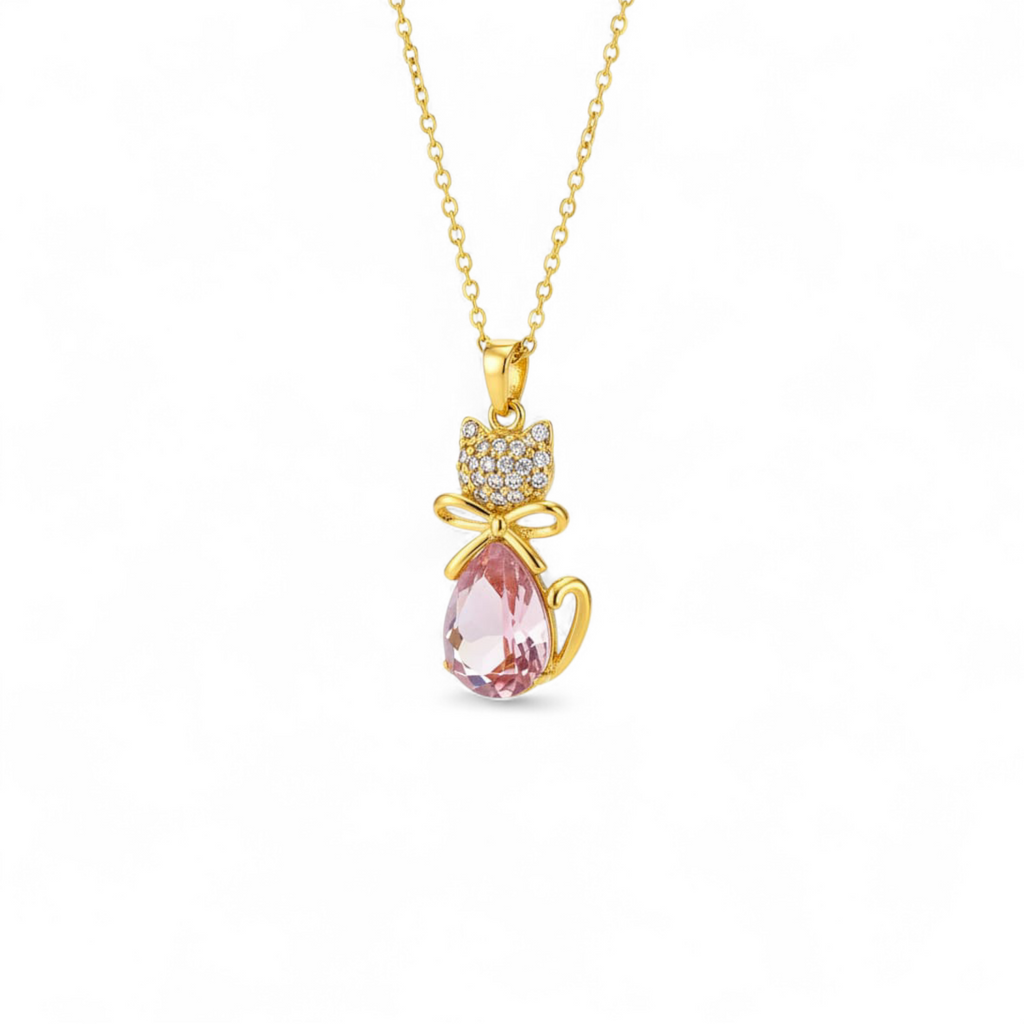 Pink Crystal Cat Pendant Necklace – Gold Finish