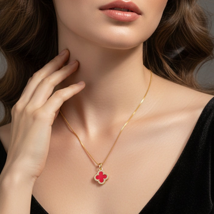 Red Clover Pendant Necklace for Women