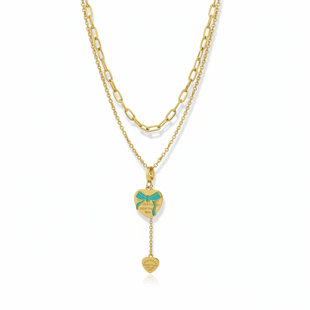 Gold Layered Heart Pendant Necklace with Drop Charm | Luxury Double Chain Necklace for Women