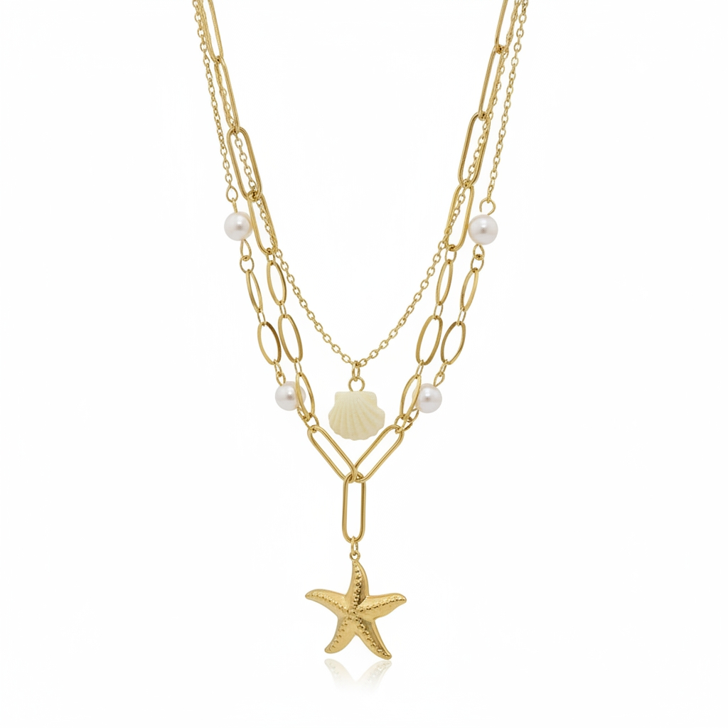 Gold Layered Starfish Pendant Necklace with Pearls | Ocean-Inspired Statement Jewelry