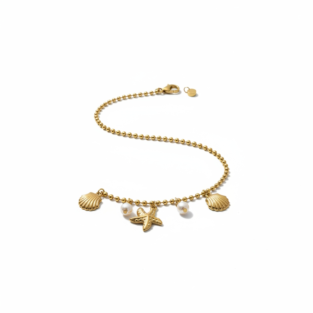 Gold Seashell & Starfish Charm Bracelet with Pearls | Ocean-Inspired Luxury Jewelry