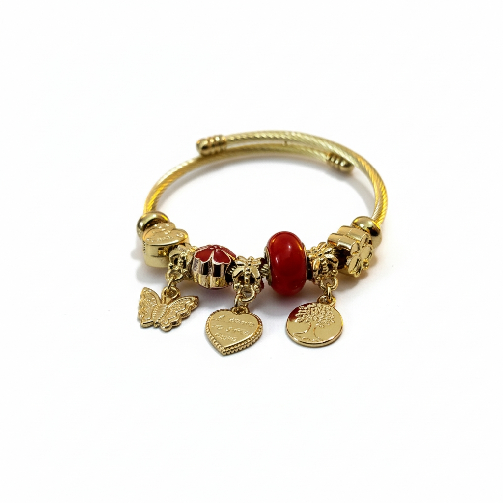 Gold Charm Adjustable Pandora-Style Bracelet with Red Beads & Hanging Pendants