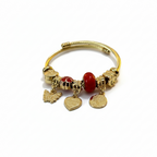 Gold Charm Adjustable Pandora-Style Bracelet with Red Beads & Hanging Pendants