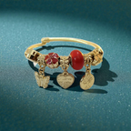 Gold Charm Adjustable Pandora-Style Bracelet with Red Beads & Hanging Pendants