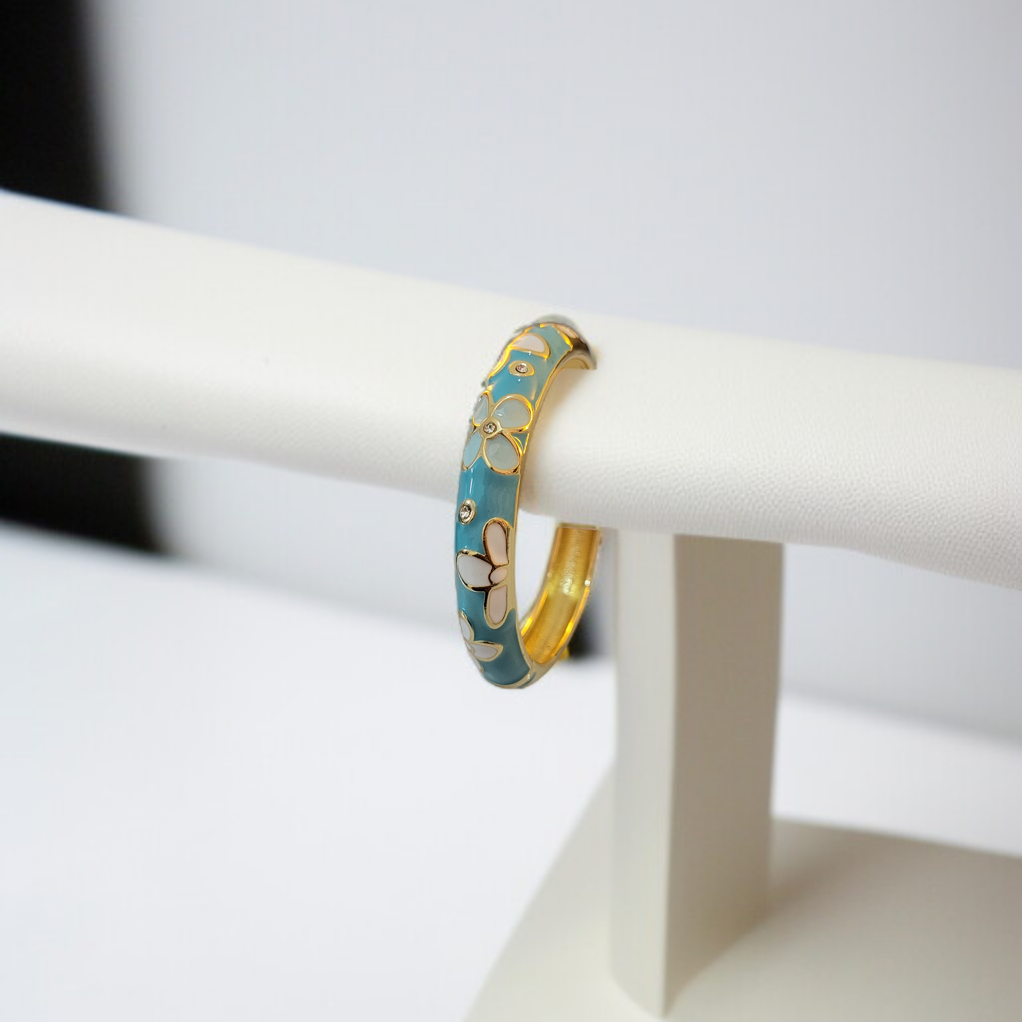 Turquoise Enamel Floral Adjustable Bracelet with Gold Finish
