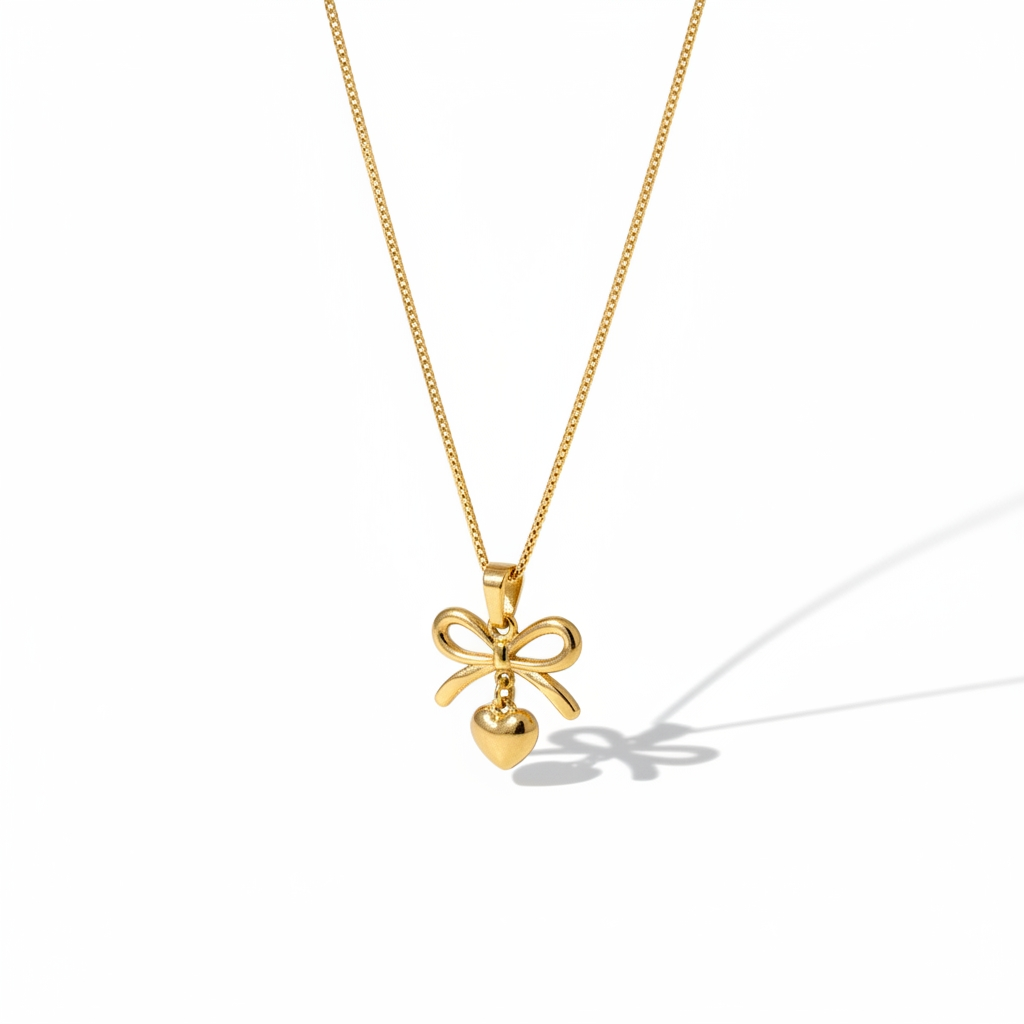 Elegant Gold Bow Heart Pendant Necklace for Women | Anti-Tarnish Minimal Jewellery