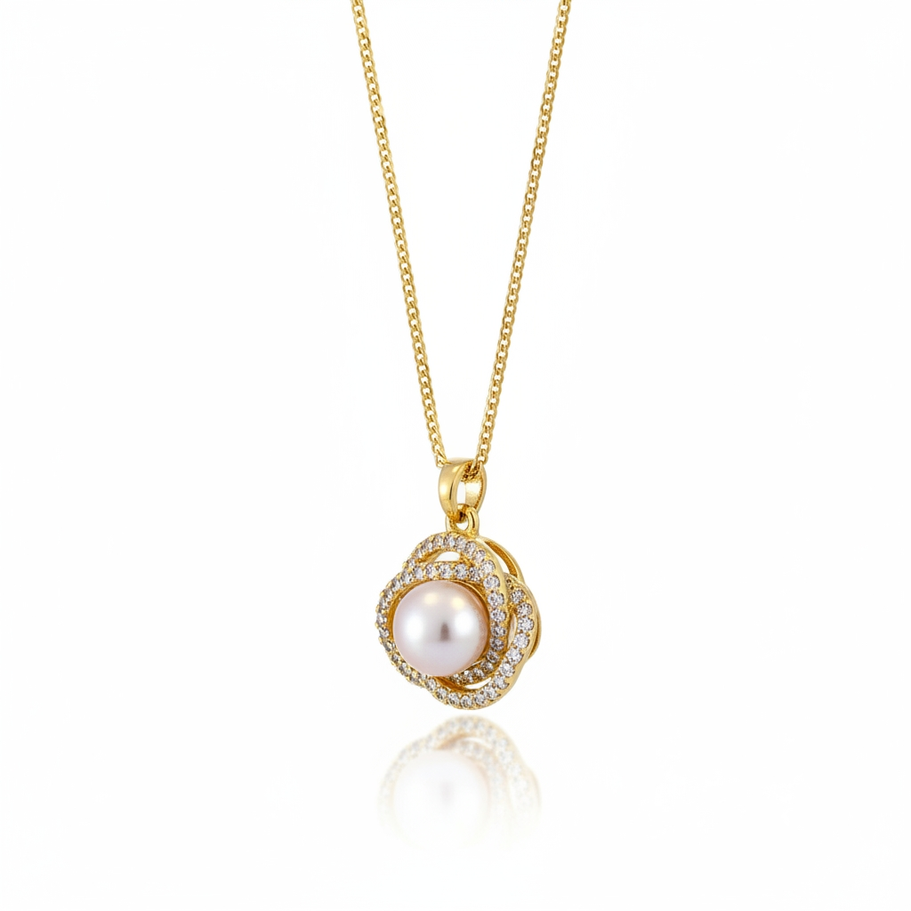 Luxury Gold Pearl & Diamond Halo Pendant Necklace – Elegant Velvet Statement Piece