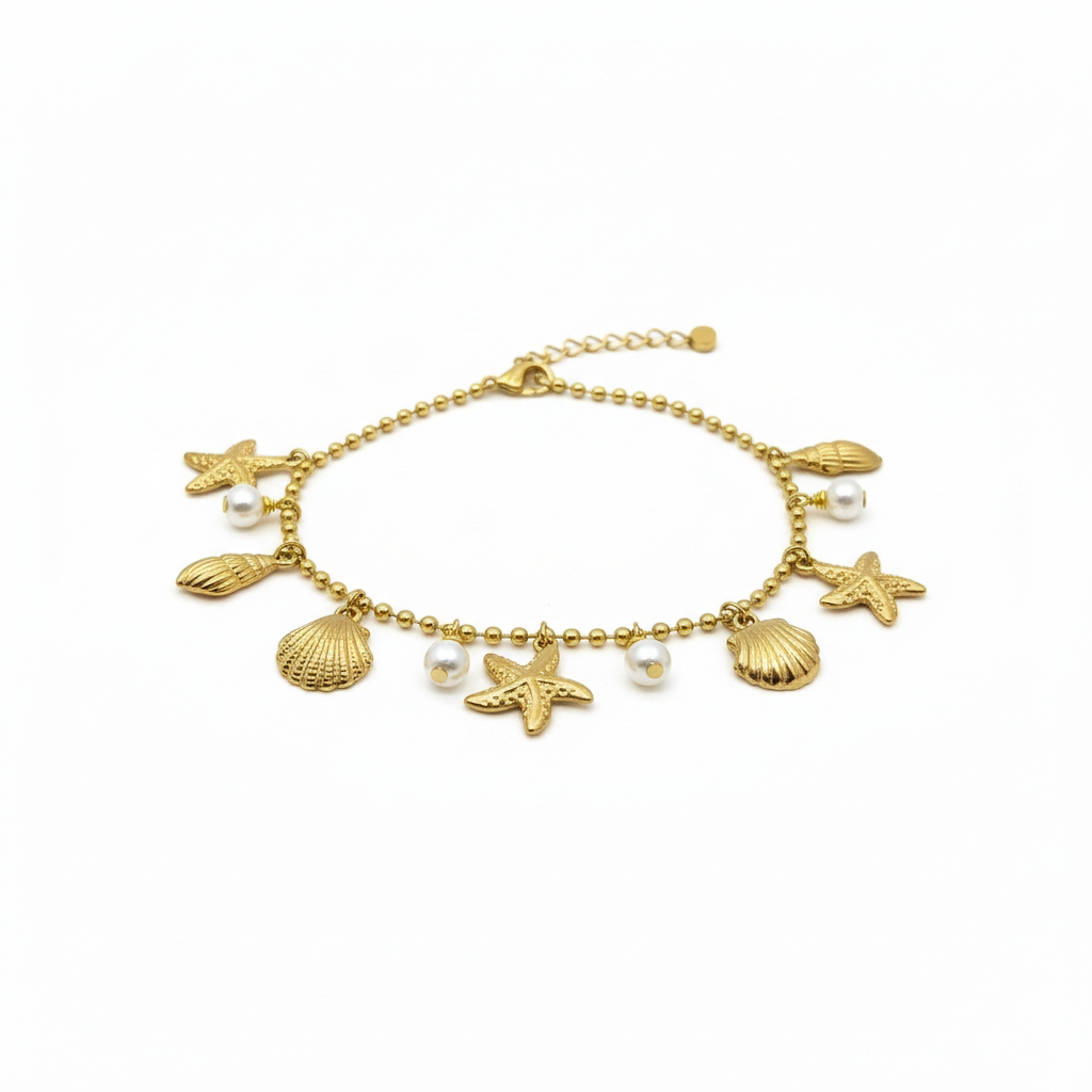 Gold Seashell & Starfish Charm Bracelet with Pearls | Ocean-Inspired Luxury Jewelry