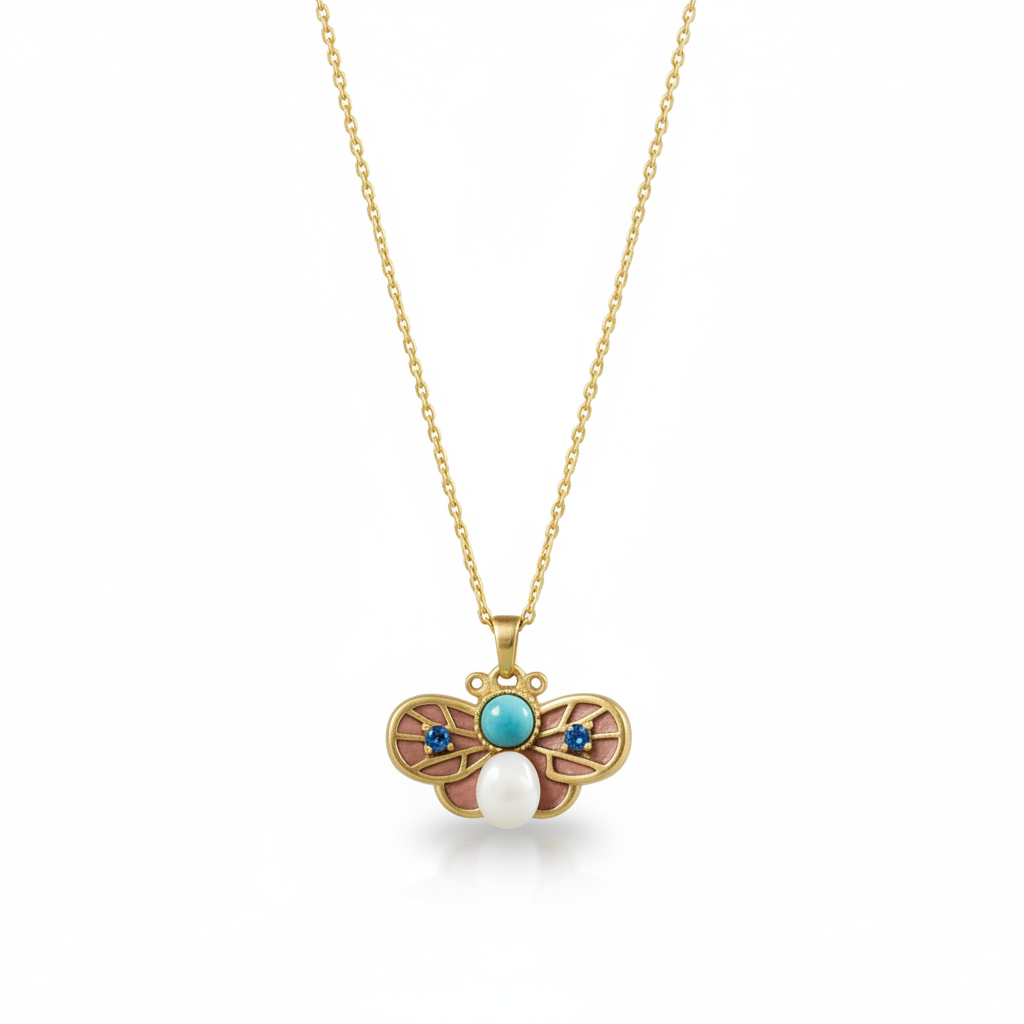 Butterfly Pearl & Turquoise Pendant Necklace – Gold Finish