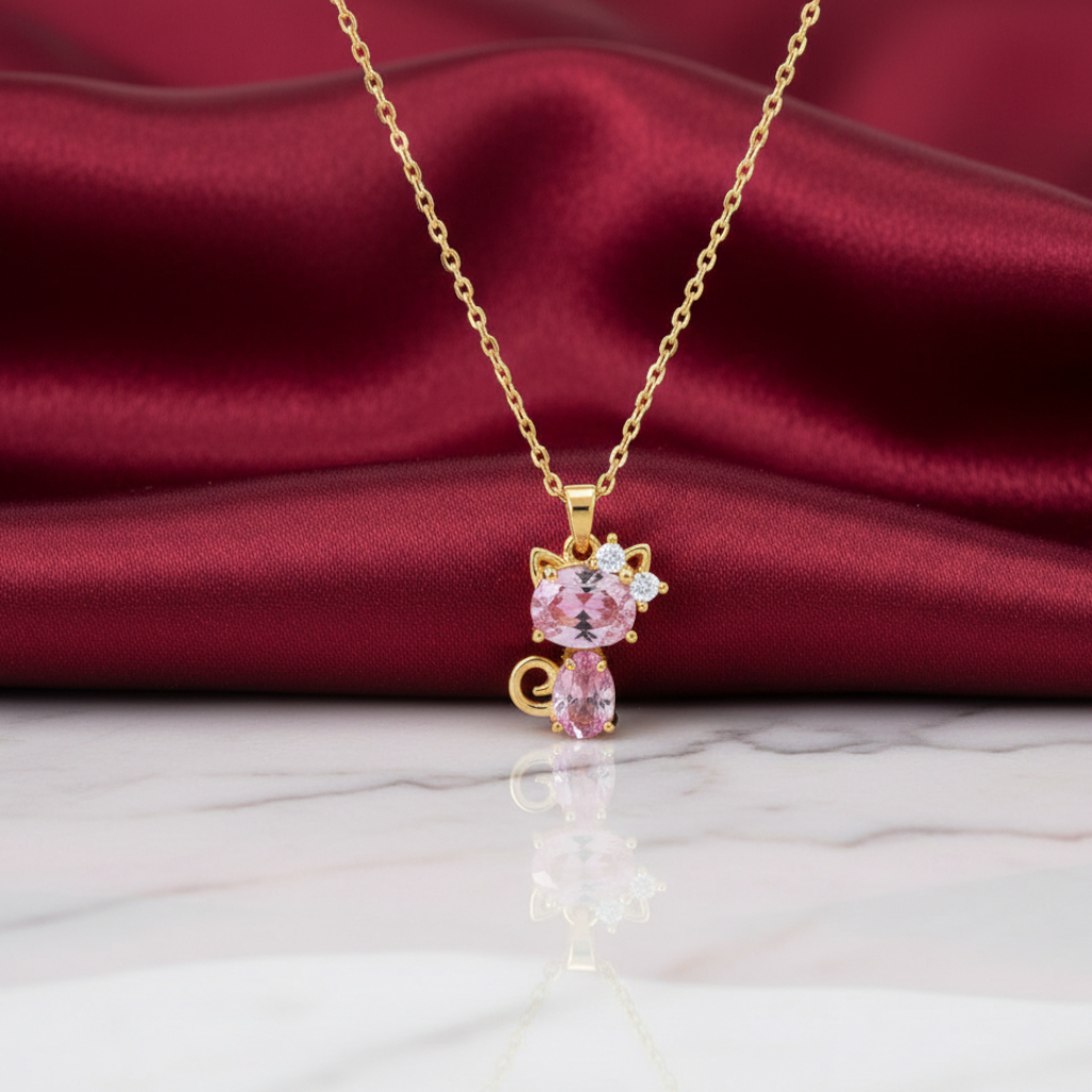 Pink Cat Crystal Pendant Necklace for Women
