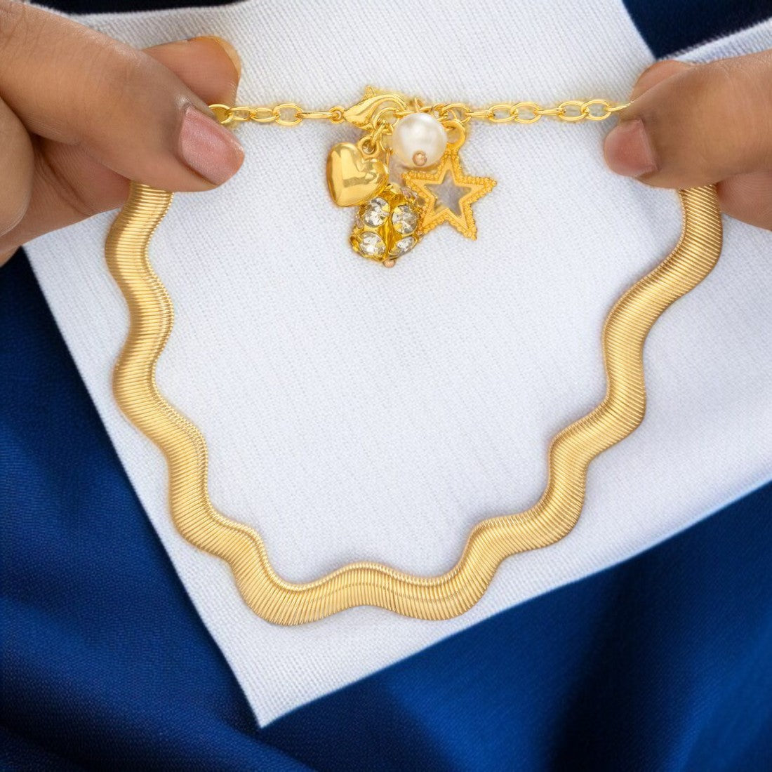 Golden Wave Charm Bracelet for Women & Girls – Pearl, Heart & Star Designer Jewelry