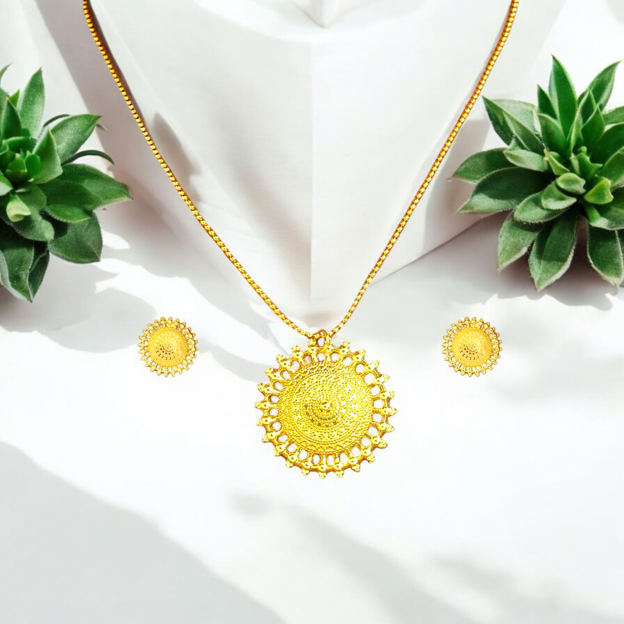 Designer Pendant & Earrings Set | Lightweight Gold Finish Necklace Combo