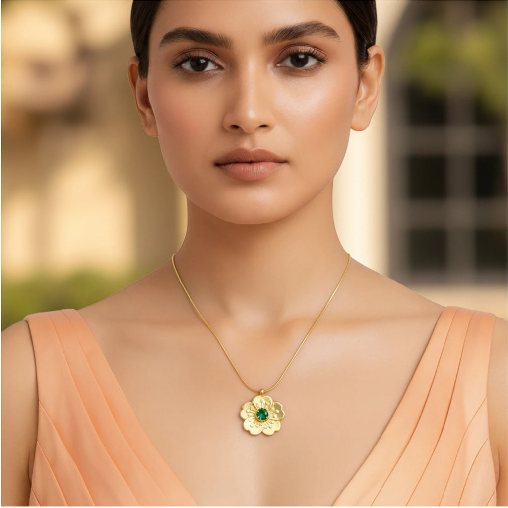 Floral Pendant Necklace with Cubic Emerald Stone