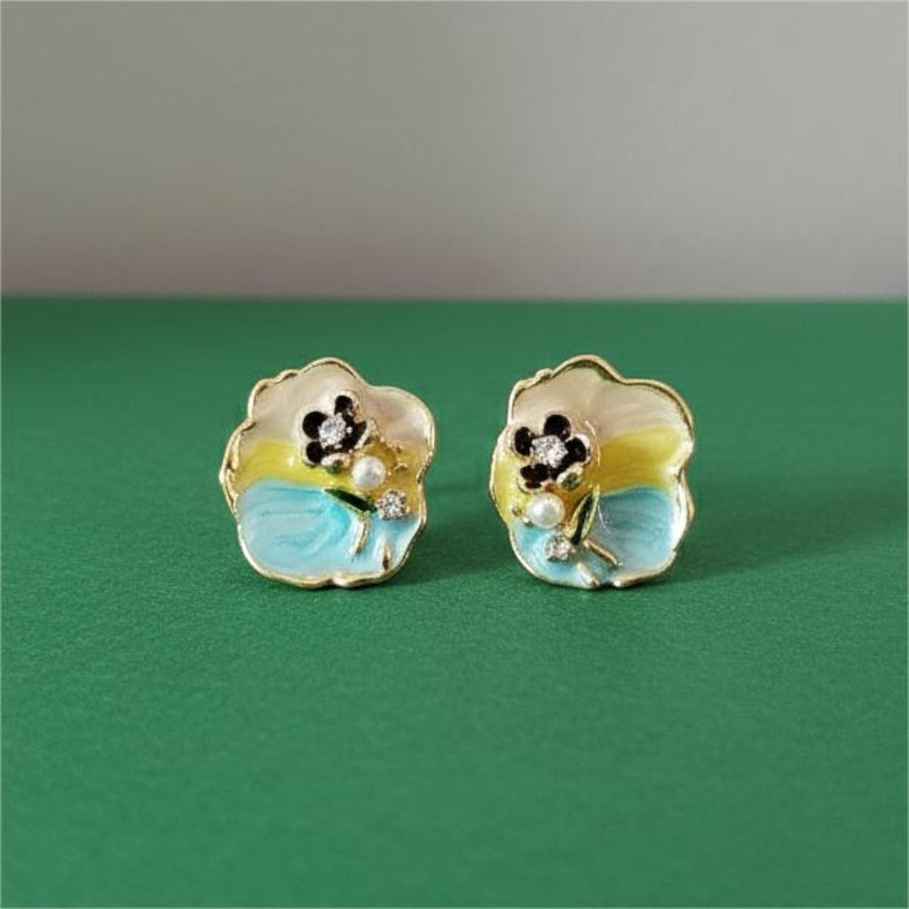 Floral Stud Earrings with Enamel & Pearl – Elegant Mini Flower Design