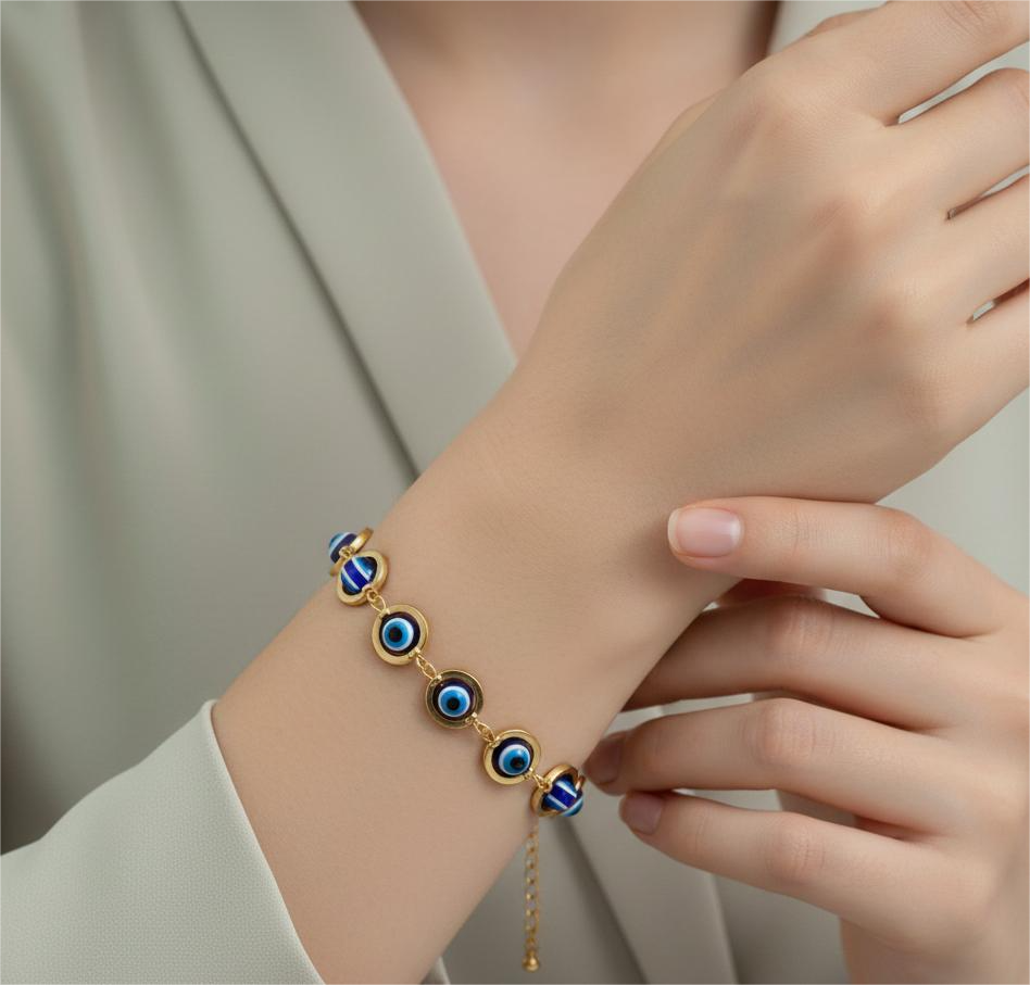 Protective Blue Evil Eye Link Gold Plated Bracelet for Women