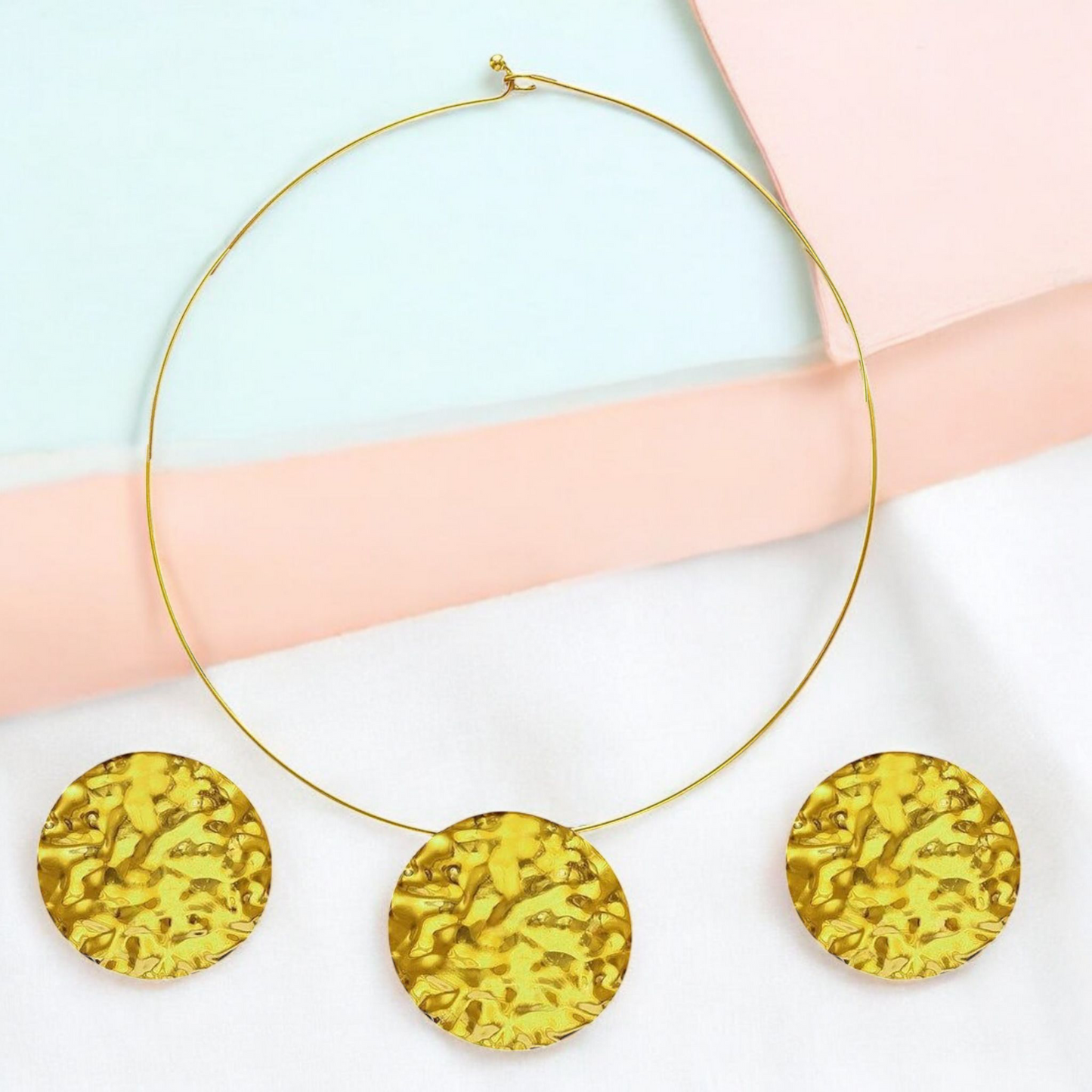 Hammered Gold Choker Necklace Set for Women & Girls – Stylish Statement Jewelry with Round Disc Earrings