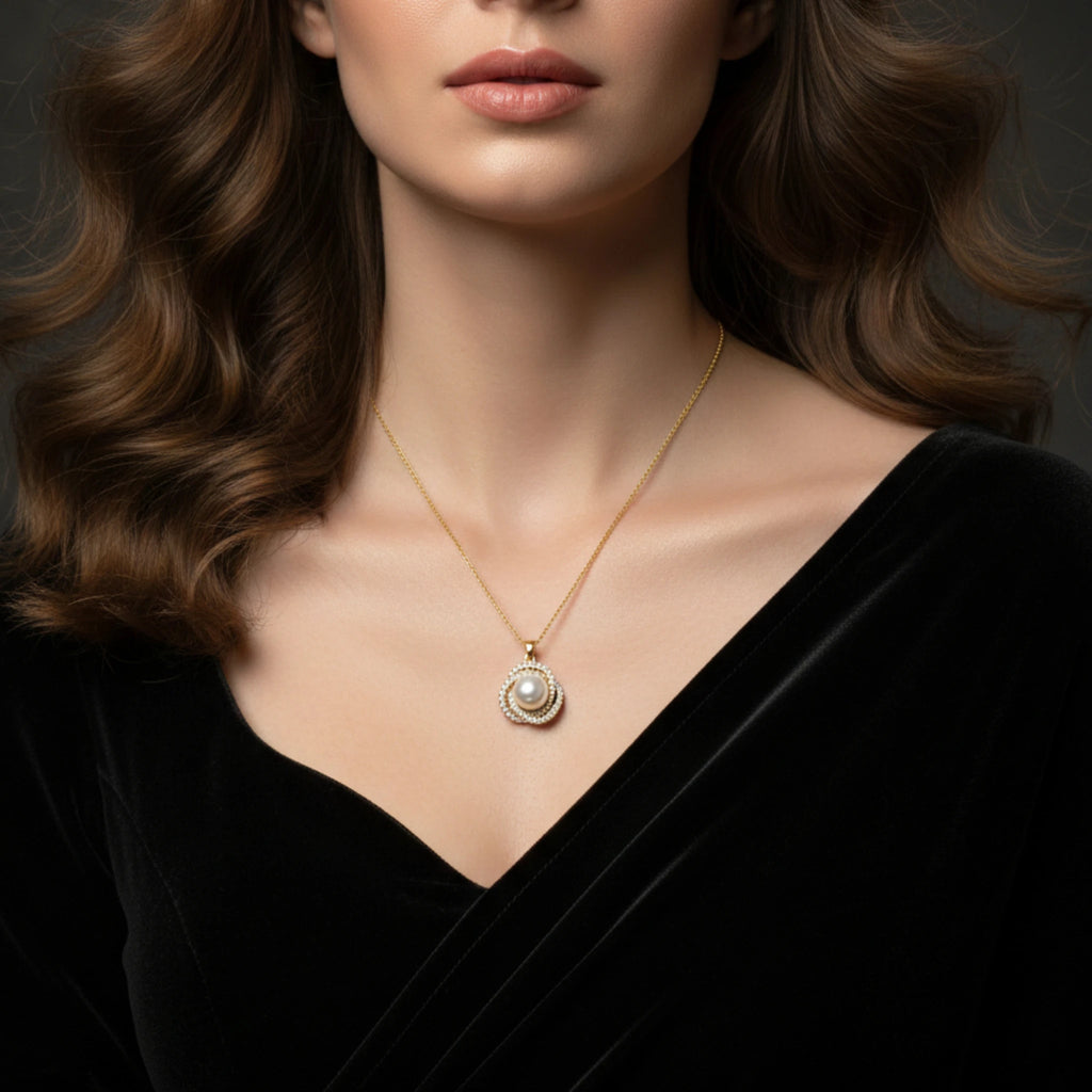Luxury Gold Pearl & Diamond Halo Pendant Necklace – Elegant Velvet Statement Piece
